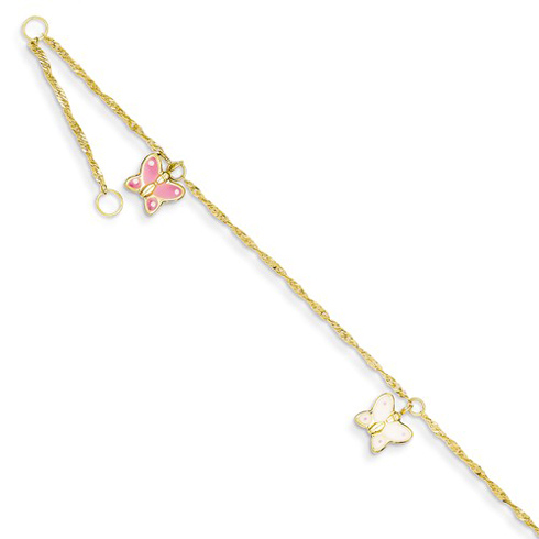 14kt Yellow Gold 10in Anklet with Pink and White Butterflies