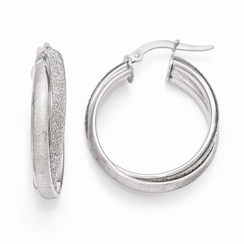 14kt White Gold 1in Italian Glimmer Fancy Hoop Earrings