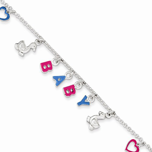 Sterling Silver 6in Adjustable Enameled BABY Charm Letters Bracelet