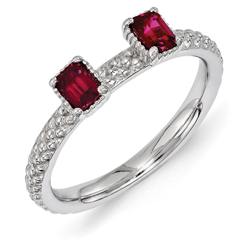 Sterling Silver Oval Created Ruby Two Stone Ring Beaded Finish