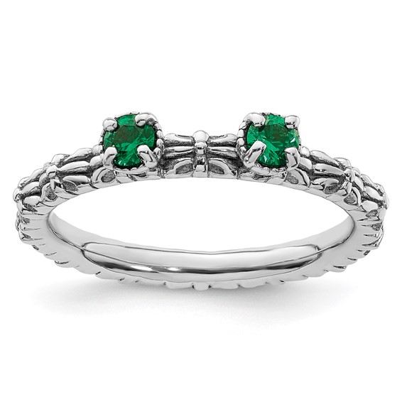 Sterling Silver Created Emerald Two Stone Ring