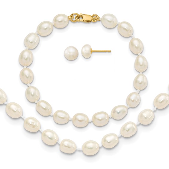 14kt Yellow Gold 5mm White Freshwater Cultured Pearl 5in Bracelet 14in ...