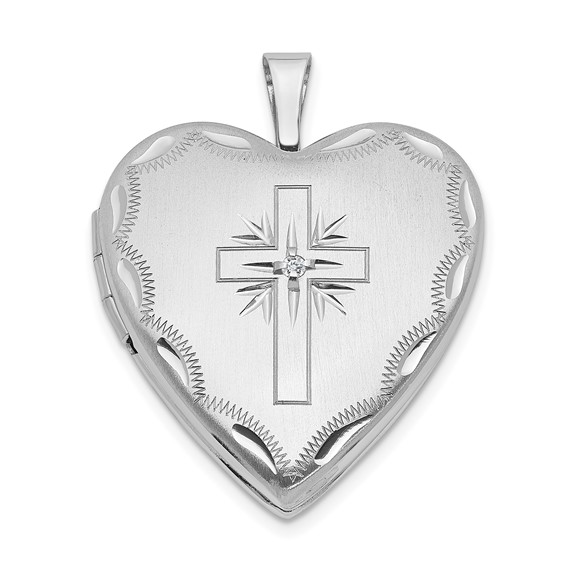 14kt White Gold 20mm Diamond Set Cross Heart Locket
