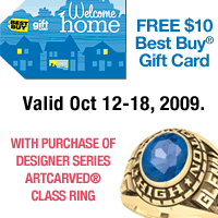 $10 Best Buy Gift Card with ArtCarved Designer Class Ring Purchase