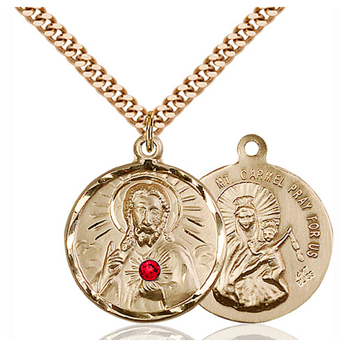 Gold Filled 7/8in Scapular Pendant with 3mm Ruby Bead & 24in Chain