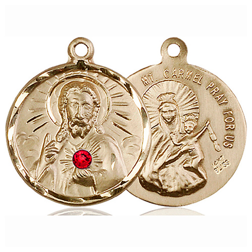 14kt Yellow Gold 7/8in Round Scapular Medal with 3mm Ruby Bead 