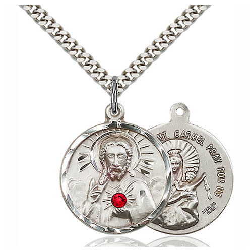 Sterling Silver 7/8in Scapular Pendant with 3mm Ruby Bead & 24in Chain