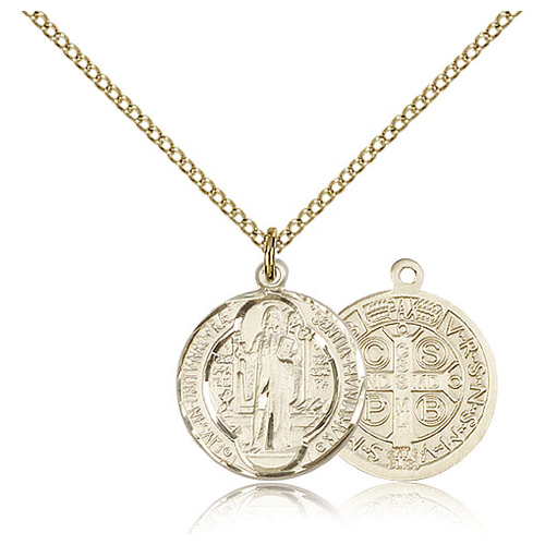 Gold Filled 3/4in Round St Benedict Medal & 18in Chain