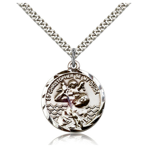 Sterling Silver 1in Round St Christopher Be My Guide Medal 24in Chain