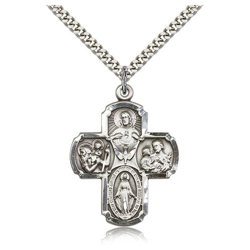 Sterling Silver 1 3/8in Five Way Medal & 24in Chain