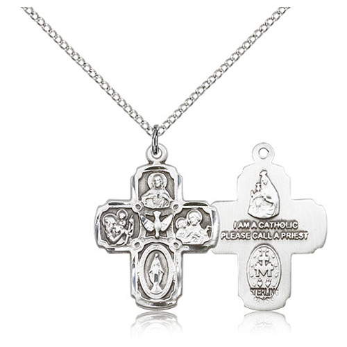 Sterling Silver 1in Five Way Medal & 18in Chain