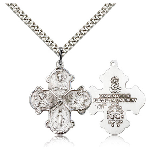 Sterling Silver 1 1/8in Four Way Medal & 24in Chain