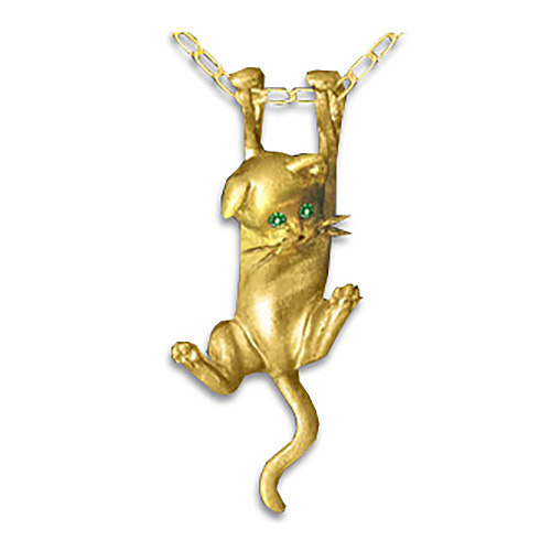 14k Gold Dangling Kitten Pendant with Emerald Eyes