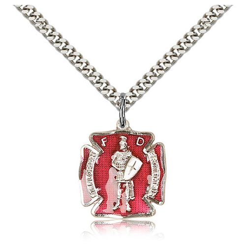 Sterling Silver 7/8in St Florian Shield Medal Red Epoxy & 24in Chain