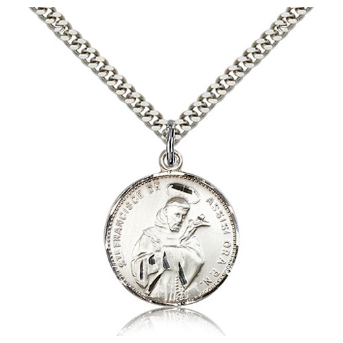 Sterling Silver 7/8in Round St Francis Medal & 24in Chain