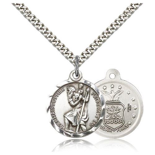 Sterling Silver 7/8in St Christopher US Air Force Medal & 24in Chain