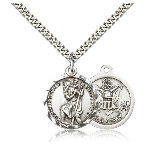 Sterling Silver 7/8in St Christopher US Army Medal & 24in Chain