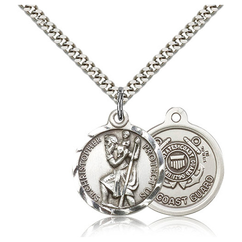 Sterling Silver 7/8in St Christopher US Coast Guard Medal & 24in Chain
