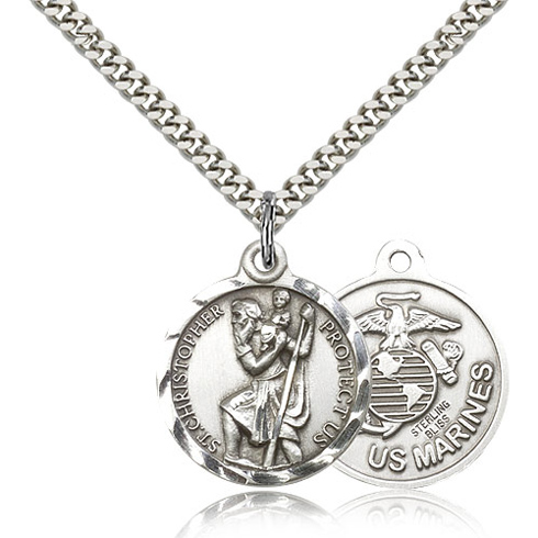 Silver 7/8in St Christopher US Marine Corps Medal & 24in Chain