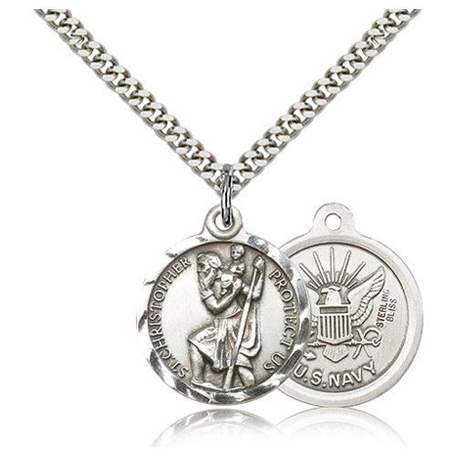 Sterling Silver 7/8in St Christopher US Navy Medal & 24in Chain