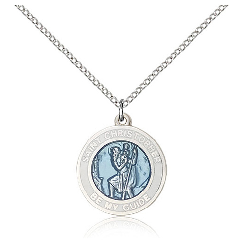 Sterling Silver 3/4in Blue and White St Christopher Medal & 18in Chain