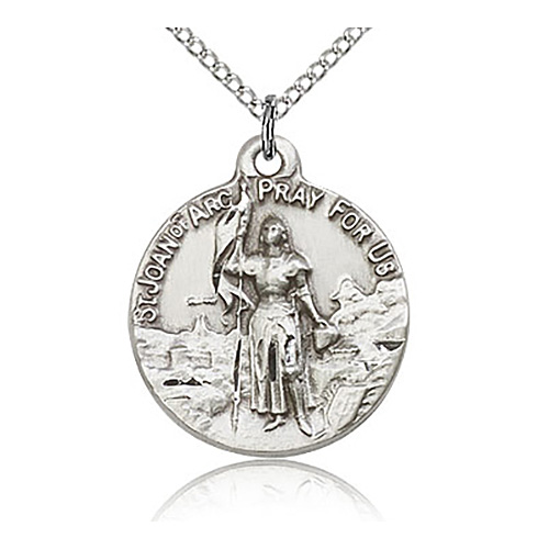 Sterling Silver 7/8in St Joan of Arc Medal & 18in Chain