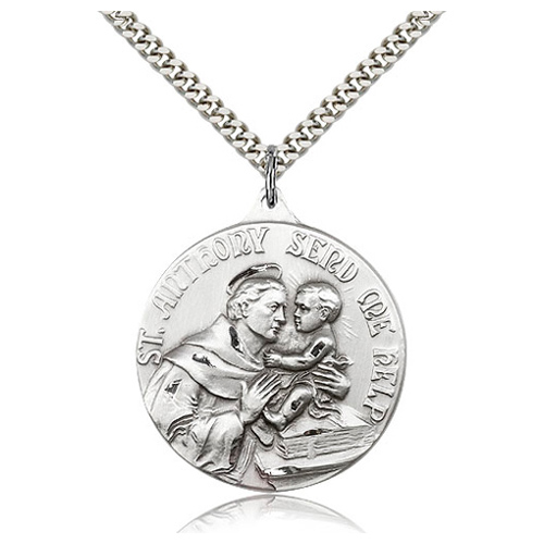 Sterling Silver 1 3/8in St Anthony Send Me Help Medal & 24in Chain