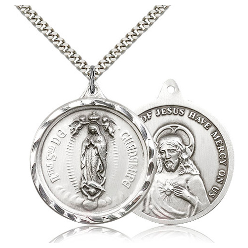 Sterling Silver 1 3/8in Our Lady of Guadalupe Medal & 24in Chain