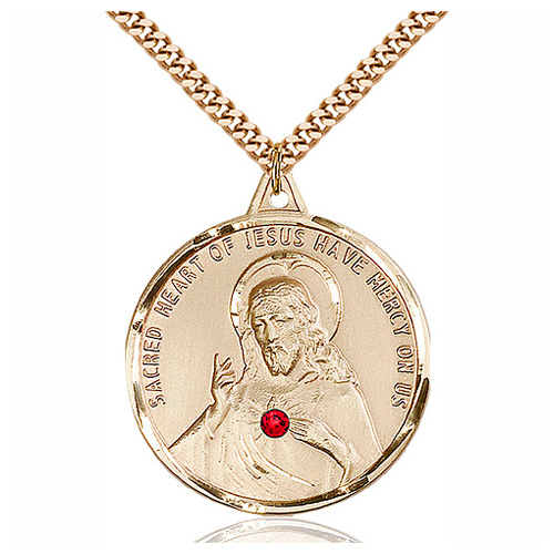 Gold Filled 1 3/8in Scapular Medal with 3mm Ruby Bead & 24in Chain