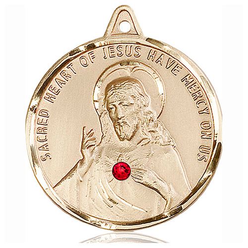 14k Yellow Gold Round Scapular Medal with Ruby Bead 1 3/8in