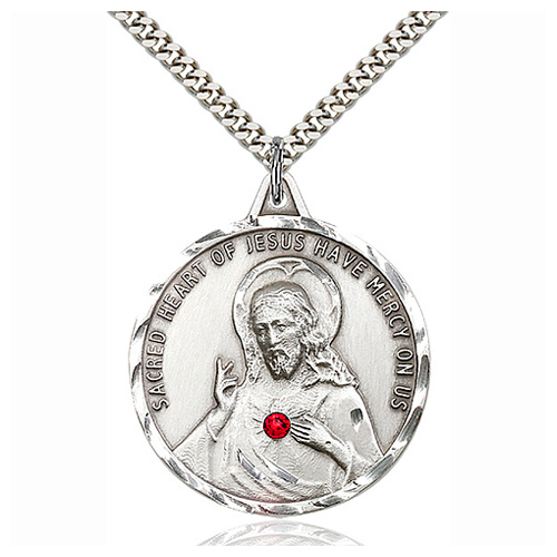 Sterling Silver 1 3/8in Round Scapular Medal Ruby Bead & 24in Chain