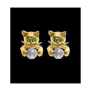 14KT Gold Kitten Pearl Earrings with Emerald Eyes