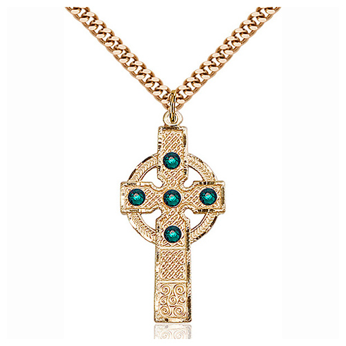 Gold Filled 1 3/8in Kilklispeen Cross with Emerald Bead & 24in Chain