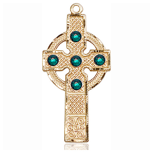 14k Yellow Gold Kilklispeen Cross with 3mm Emerald Bead  1 3/8in