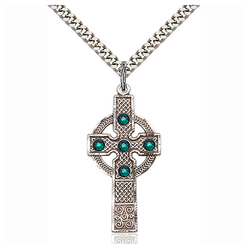 Sterling Silver 1 3/8in Kilklispeen Cross Emerald Bead & 24in Chain