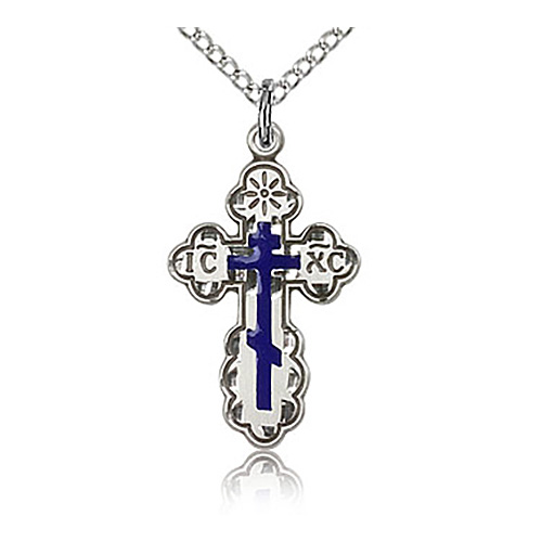 Sterling Silver 7/8in Blue Orthodox Cross & 18in Chain