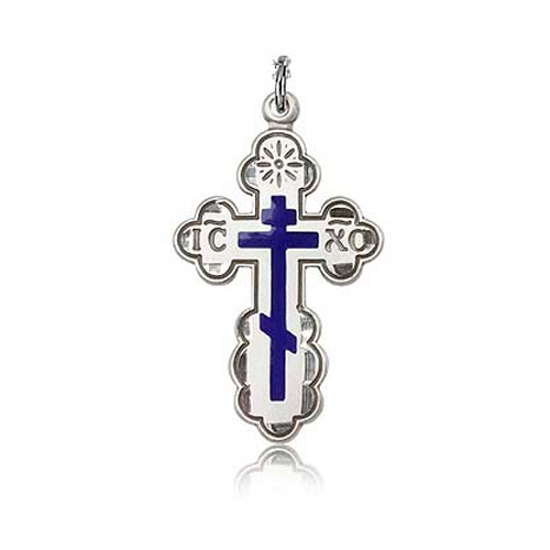 Sterling Silver 1 1/8in Blue Orthodox Cross