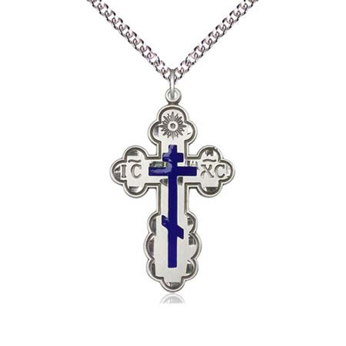 Sterling Silver 1 1/8in Blue Orthodox Cross & 24in Chain