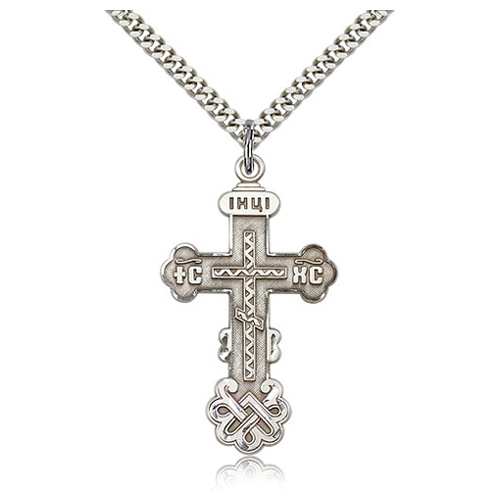 Sterling Silver 1 1/2in Kiev Orthodox Cross & 24in Chain