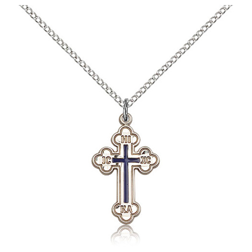 Sterling Silver 7/8in Blue Russian Orthodox Cross & 18in Chain