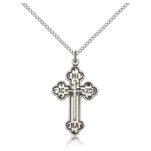 Sterling Silver 1 1/8in IC XC NIKA Orthodox Cross & 18in Chain