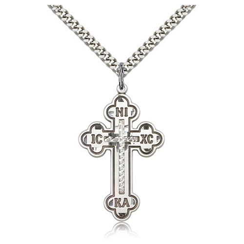 Sterling Silver 1 3/8in Orthodox Cross & 24in Curb Chain
