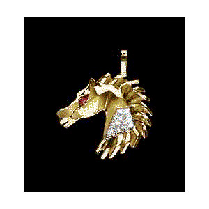 14KT Gold Horse Head Pendant with Diamond Pav&eacute; and Ruby Eye