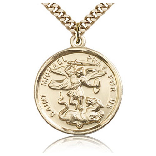 Gold Filled 1in Round St Michael Slays the Dragon Medal & 24in Chain