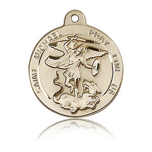 14k Yellow Gold Round St Michael Slays the Dragon Medal 3/4in