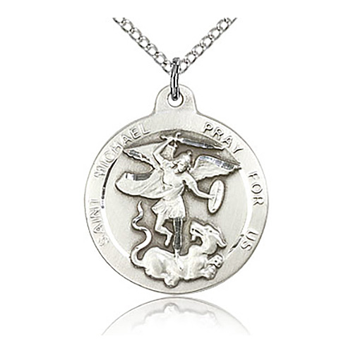 Sterling Silver 7/8in Round St Michael Medal & 18in Chain