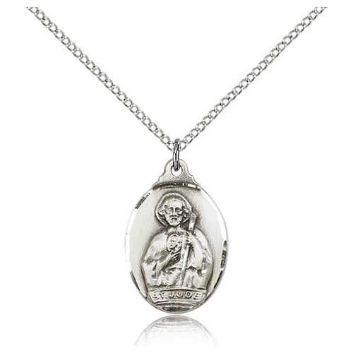 Sterling Silver 7/8in St Jude Medal & 18in Chain