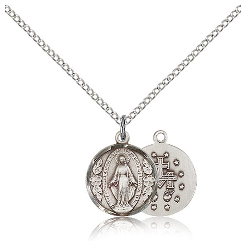 Sterling Silver 1/2in Round Miraculous Medal & 18in Chain
