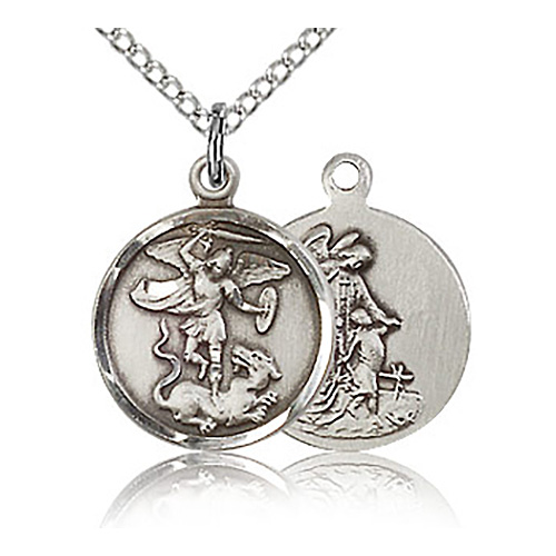 Sterling Silver 5/8in St Michael Charm & 18in Chain