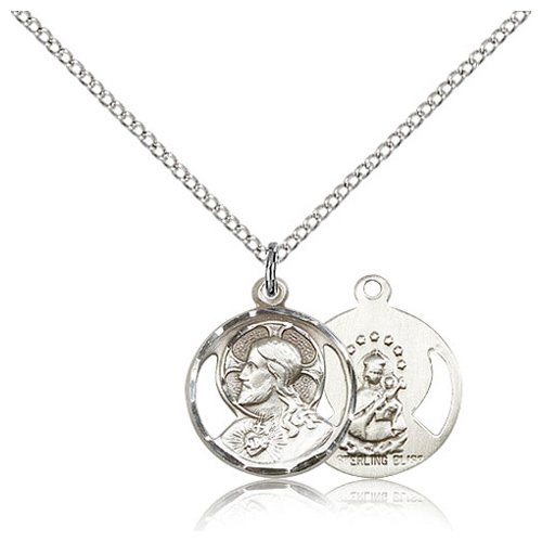 Sterling Silver 5/8in Round Scapular Medal Charm & 18in Chain